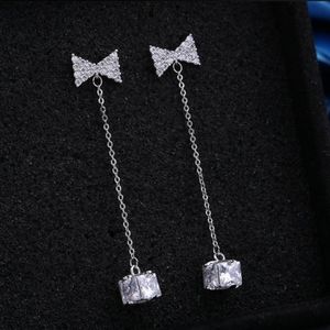 NEW 925 Sterling Silver Diamond Bow Drop Earrings